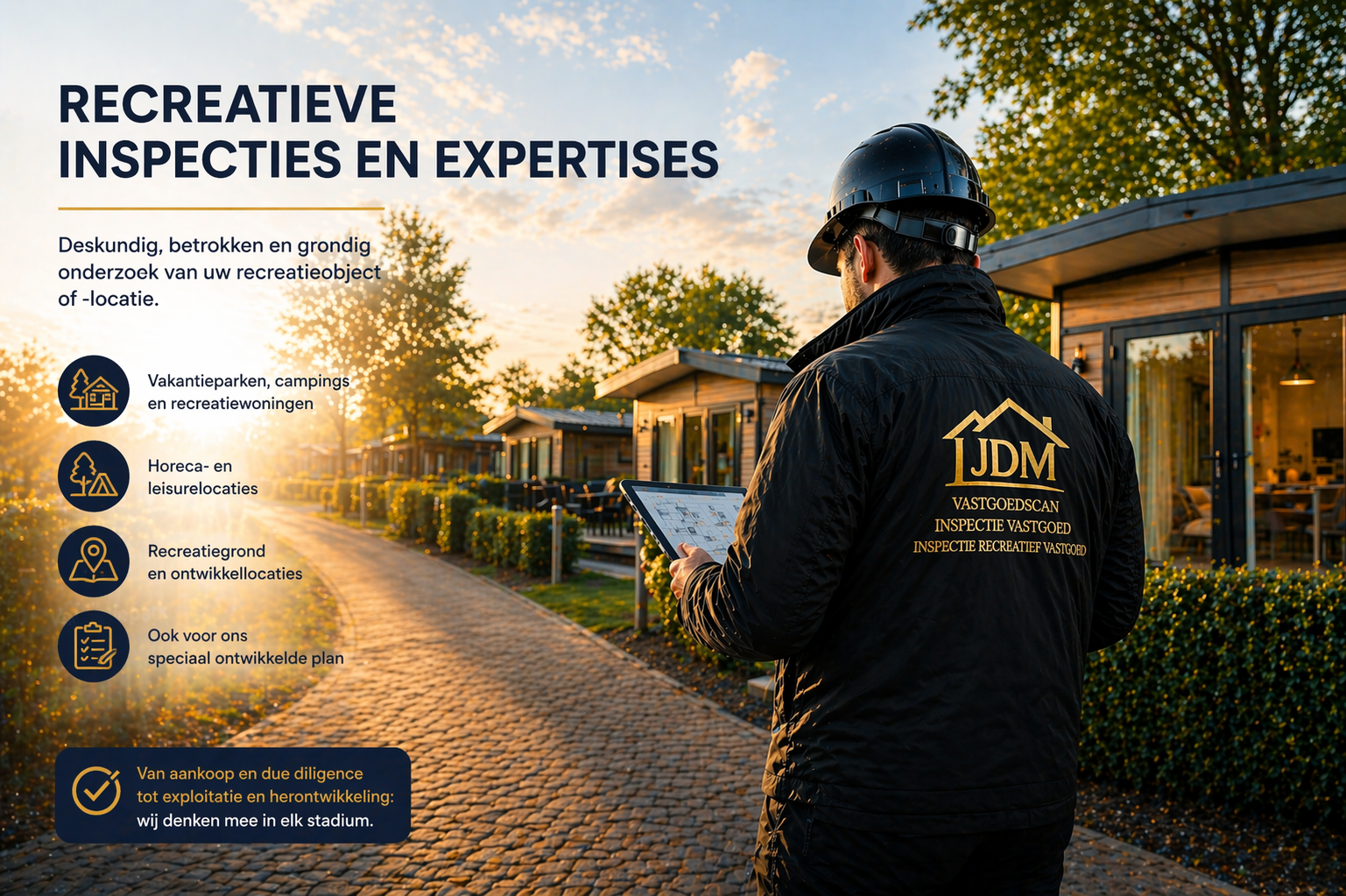 alt="Inspectie recreatief vastgoed – vakantieparken en recreatiewoningen met JDM inspectiemethodiek"